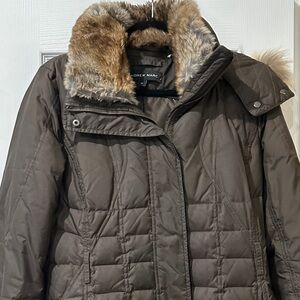 Andrew Marc Women's Brown Puffer Jacket with Faux Fur Trim